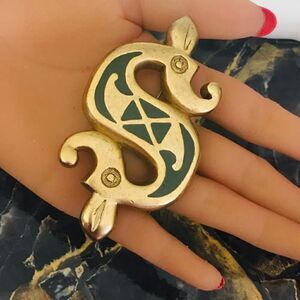 Vintage Erwin Pearl Two Headed Celtic Seahorse Brooch Gold Green Large E. 4349